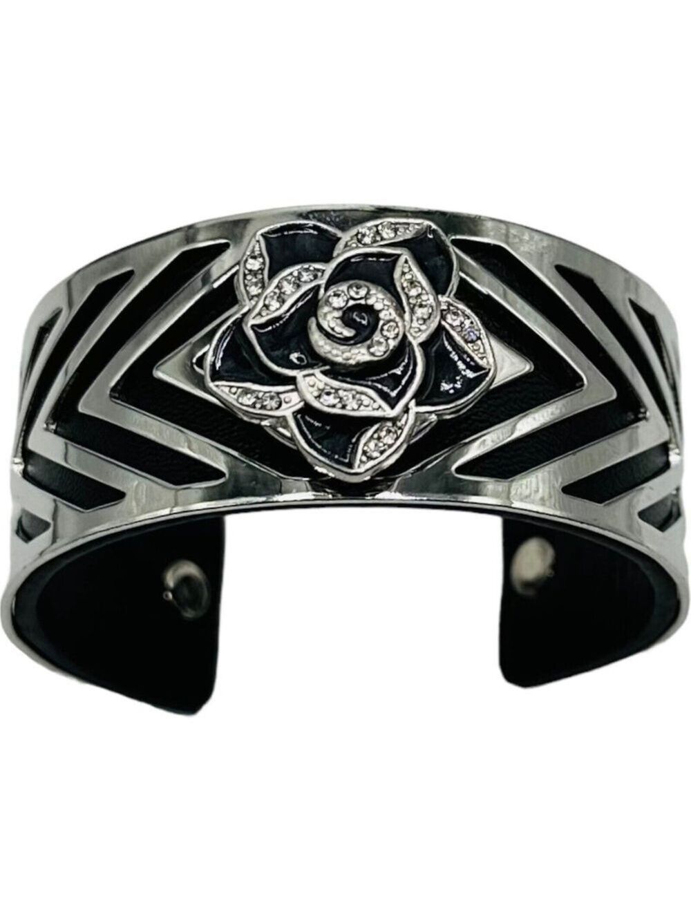 Black Rose & Silver Metal Cuff Bracelet 18mm Sparkling Flower Snap Jewelry NWT